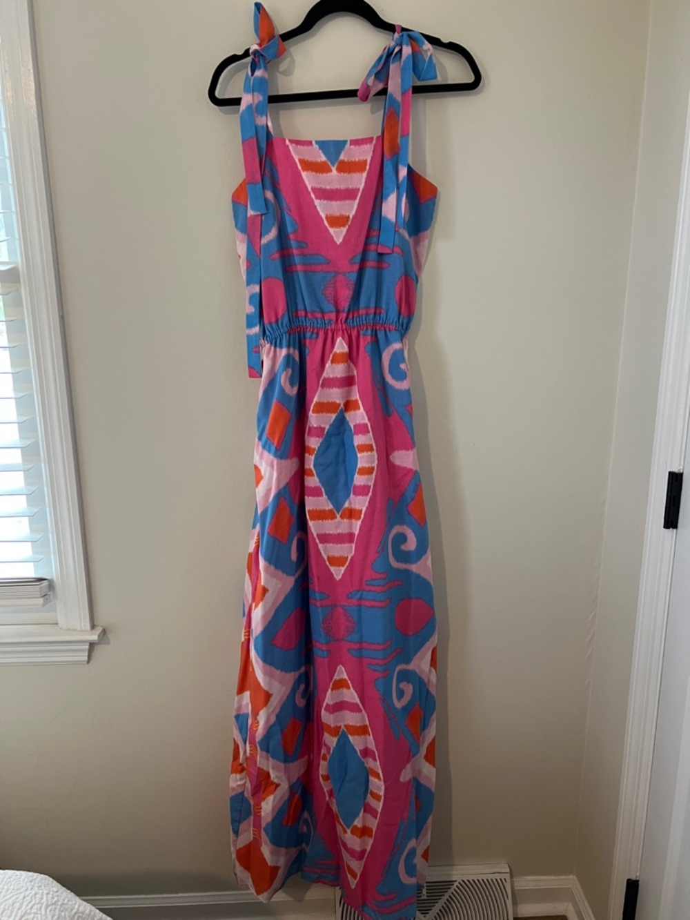Sheridan French Bright Pink & Blue Geometric Tie-Shoulder Maxi Dress